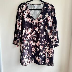 J. Jill Floral Tunic Blouse Black Pink V-Neck Side Slit Pullover 3/4 Sleeve Sz L